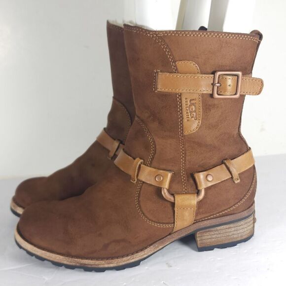 Ugg Women's Endell US 7 Brown Suede Sheepskin Lined Side Zip Moto Biker boots - Picture 2 of 16